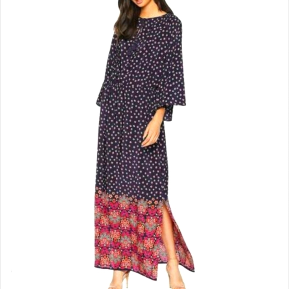 0103 Juicy Couture Black Label Silk Maxi Dress Navy Floral Allover Print Medium